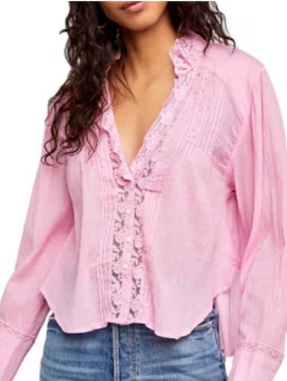 Free People Clarence Women’s Pink Ruffle Lace V-Neck Blouse NWT Medium